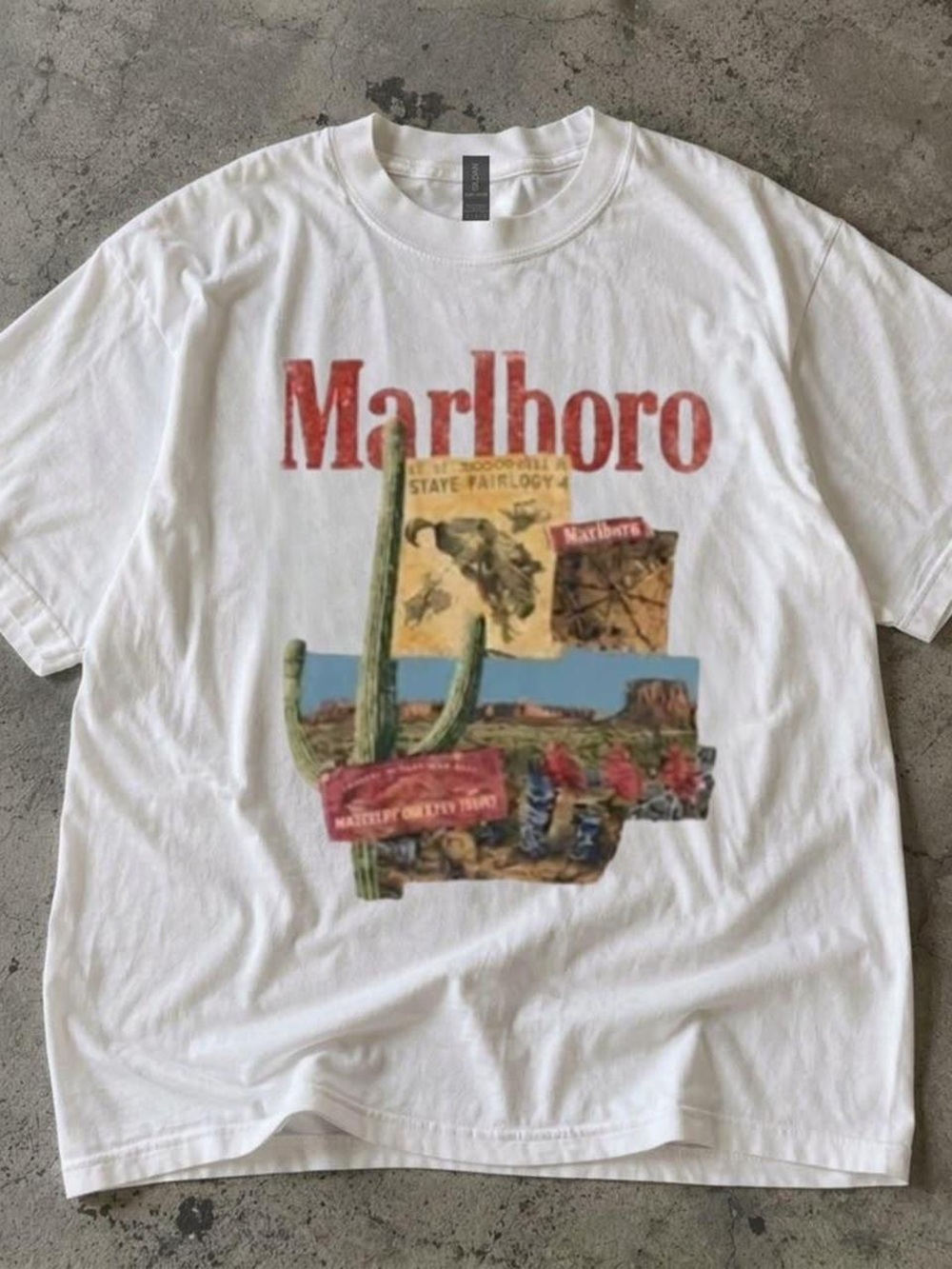 Gildan White Tee with Red Marlboro Logo and Multicolor Desert Graphic